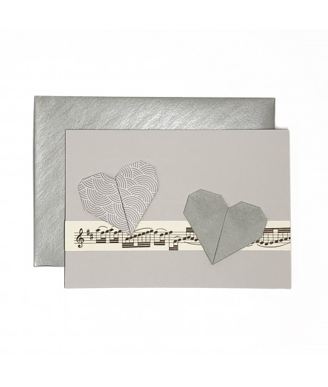 Carte cœurs origami musique gris